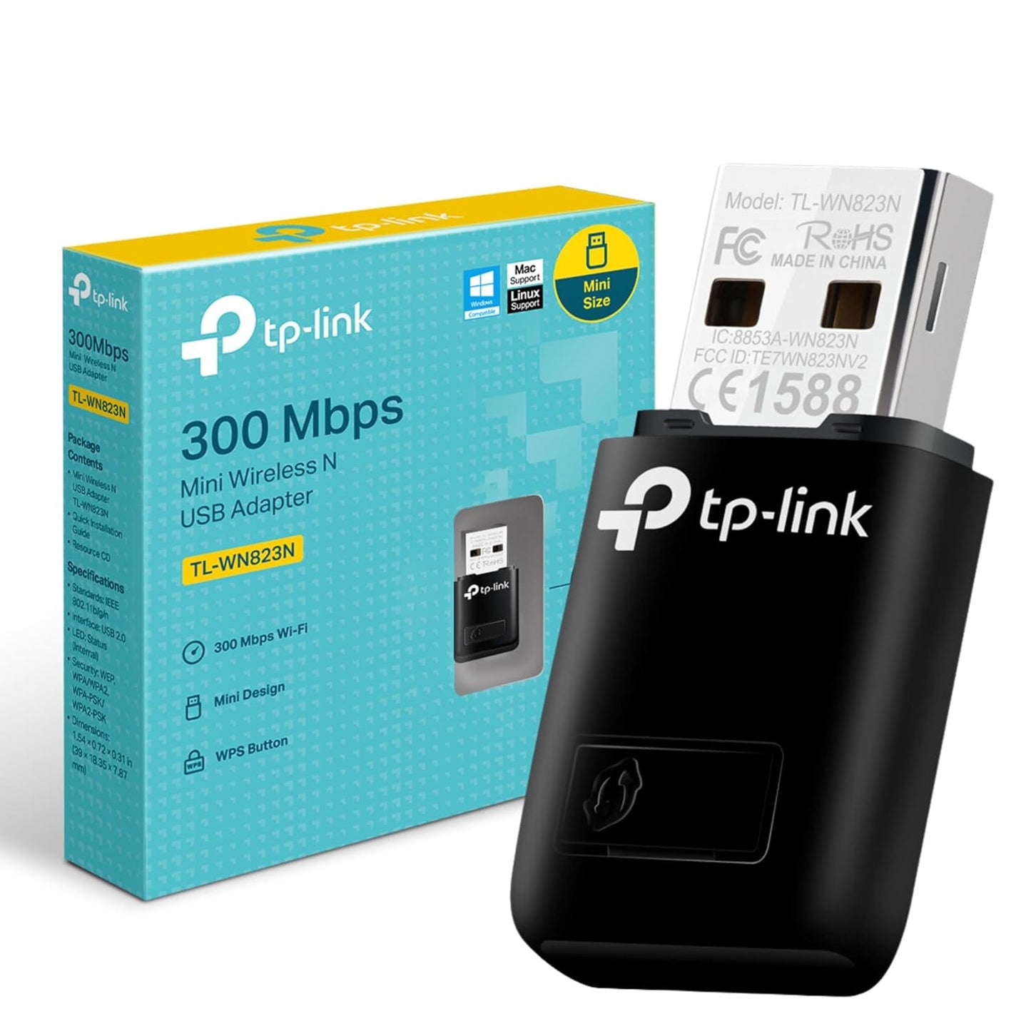 TP-LINK WiFi Dongle 300 Mbps Mini Wireless Network USB Wi-Fi Adapter for PC Desktop Laptop(Supports Windows 11/10/8.1/8/7/XP, Mac OS 10.9-10.15 and Linux, WPS, Soft AP Mode, USB 2.0) (TL-WN823N),Black