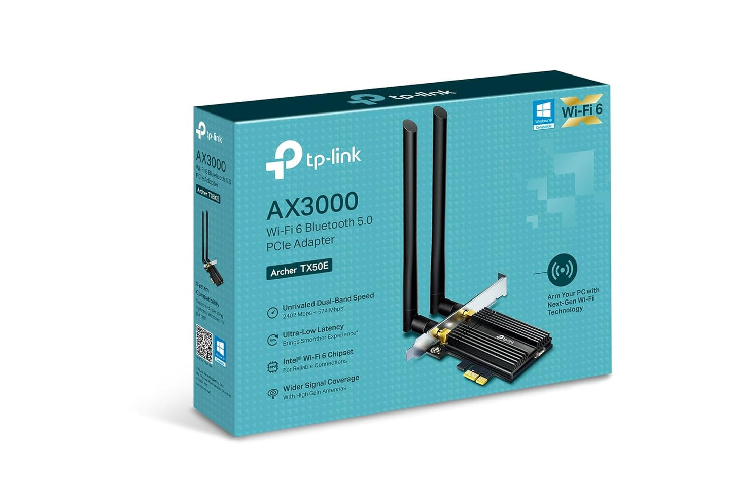 TP-Link Archer TX50E AX3000 Wi-Fi 6 Bluetooth 5.2 PCIe Adapter for PC with Heat Sink, MU-MIMO, Ultra-Low Latency, Supports Windows 11/10(64bit) Only, Two High-Gain Dual Band Antennas