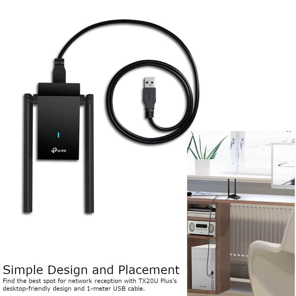 TP-Link AX1800 Wi-Fi 6 Dual Antennas High Gain Wireless USB 3.0 Adapter, Dual-Band, Auto Driver, MU-MIMO, Low- Latency, 1-Meter Cable, Supports Windows 10/11, Highly Secure WPA3 (Archer TX20U Plus)