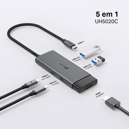 TP-Link UH5020C USB Type-C 5 in 1 Hub, USB 3.0, 5Gbps Data Transfer, 2 x USB A, 1x USB C, HDMI 4K@60Hz, 100W PD 3.0 Fast Charging, Self-Storage, Braided Cable, Compact and Elegant Design, Plug & Play