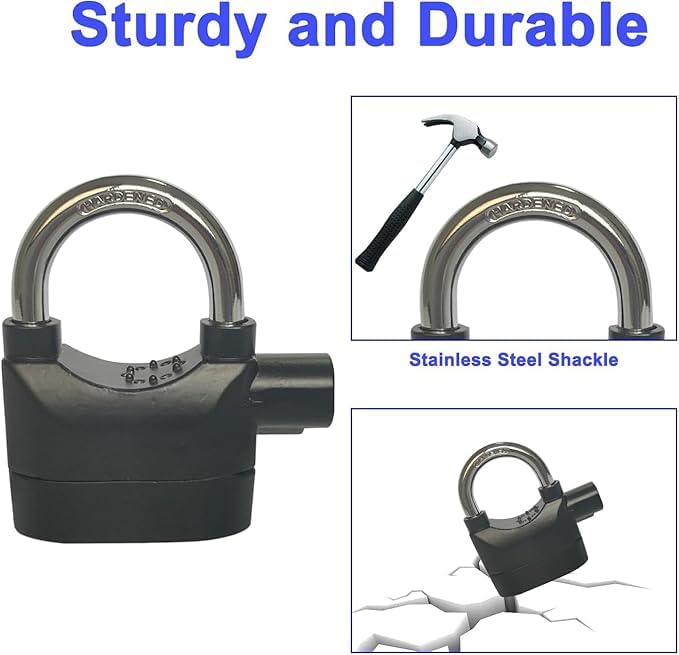 Anti-Theft Alarm Padlock, 110dba Motion Sensor, Hard Zinc Alloy Body, Chrome Plated Steel Lock with Keys