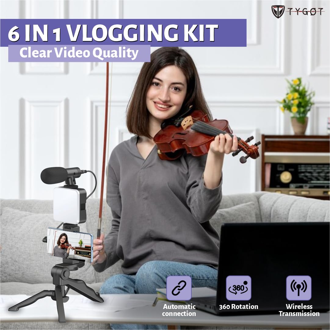 Vlogging Kit 6 in 1 for iPhone, Android (with Tripod), Mini LED + Cardioid Microphone + Phone Clip + Tripod for Live Broadcasting
