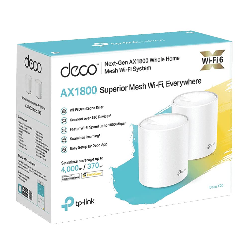 TP-Link Deco X20(1-Pack) AX1800 Whole Home Mesh Wi-Fi System, Next-Gen WiFi 6, Replace Routers and WiFi Extenders, HomeCare Build-in Antivirus, Parental Control, Compatible with Alexa (4000 sq ft)