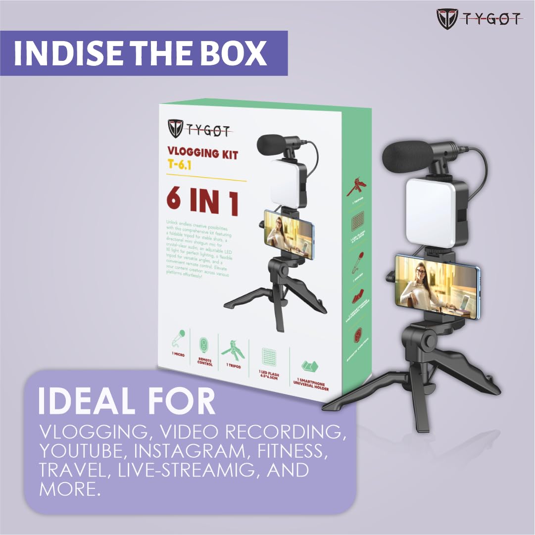 Vlogging Kit 6 in 1 for iPhone, Android (with Tripod), Mini LED + Cardioid Microphone + Phone Clip + Tripod for Live Broadcasting