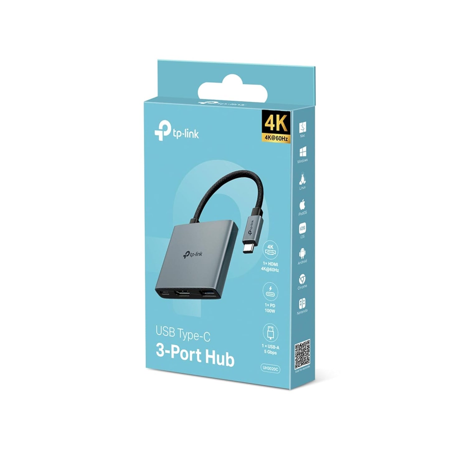 TP-Link UH3020C USB Type-C 3 in 1 Hub, USB 3.0, 5Gbps Data Transfer, USB A, HDMI 4K@60Hz, 100W PD 3.0 Fast Charging, Expand Connections, Self-Storage, Braided Cable, Plug&Play, Easy to use