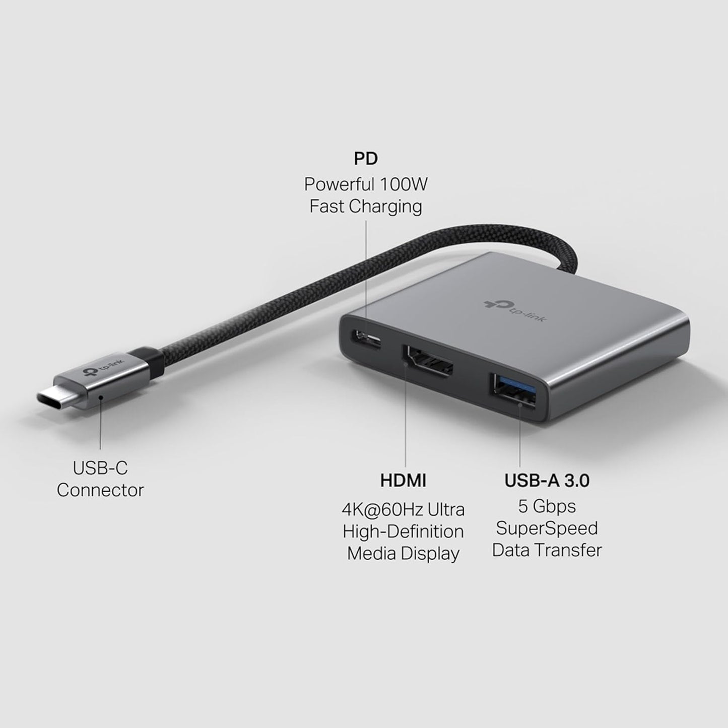TP-Link UH3020C USB Type-C 3 in 1 Hub, USB 3.0, 5Gbps Data Transfer, USB A, HDMI 4K@60Hz, 100W PD 3.0 Fast Charging, Expand Connections, Self-Storage, Braided Cable, Plug&Play, Easy to use