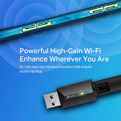 TP-LINK AC1300 Archer T3U Plus High Gain USB 3.0 Wi-Fi Dongle, Wireless Dual Band MU-MIMO WiFi Adapter with High Gain Antenna, Supports Windows 11/10/8.1/8/7/XP/MacOS