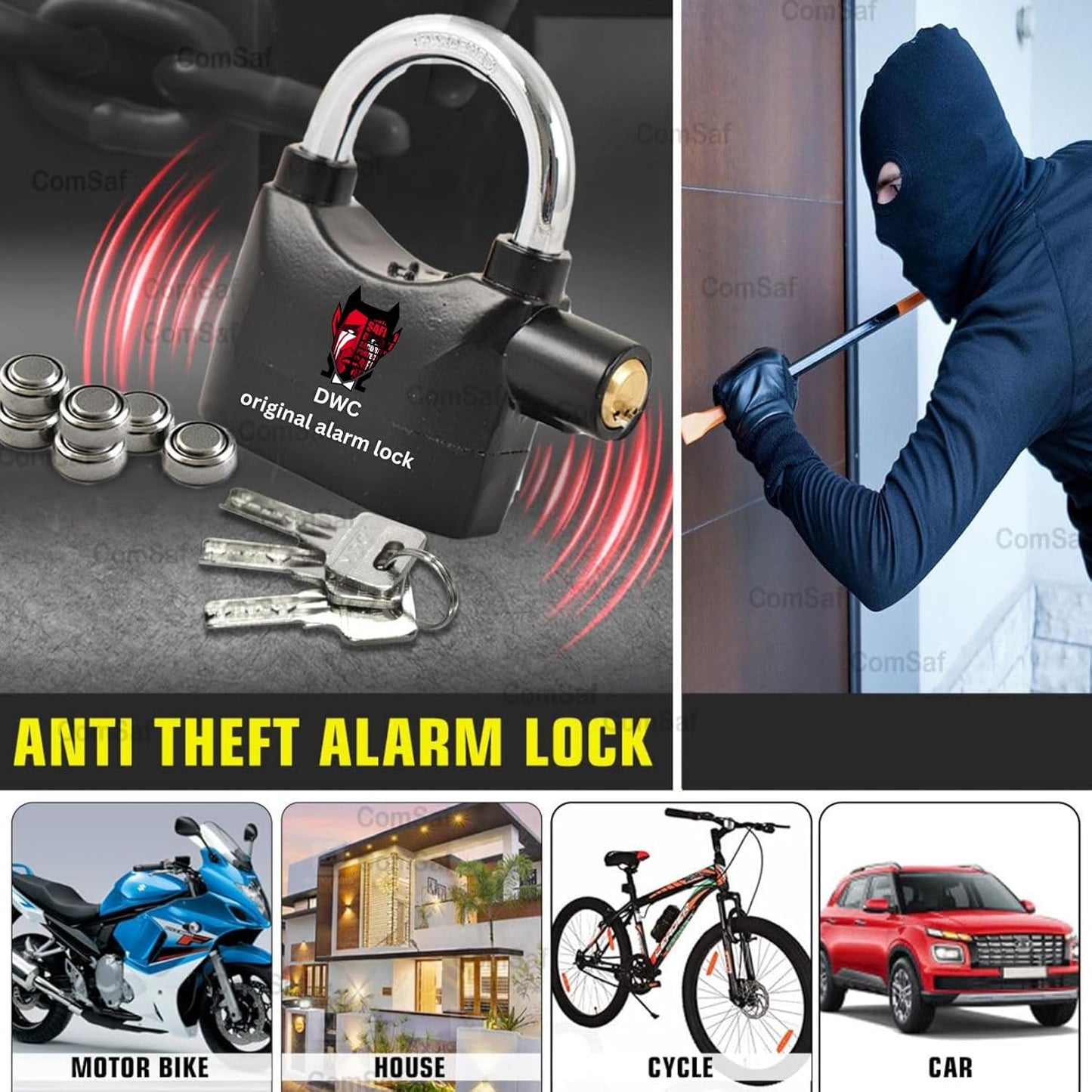 Anti-Theft Alarm Padlock, 110dba Motion Sensor, Hard Zinc Alloy Body, Chrome Plated Steel Lock with Keys