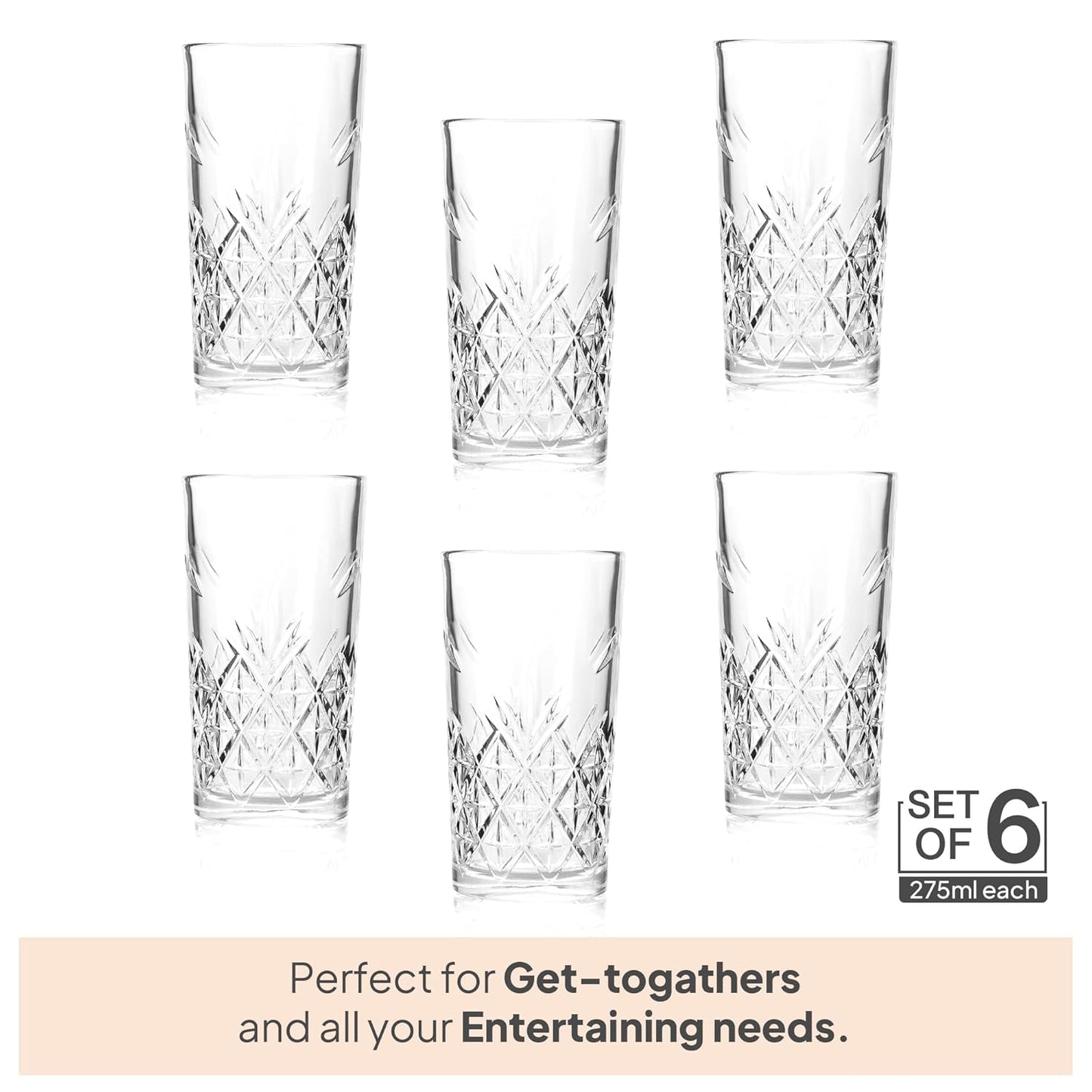 CELLO Classix Hi-Ball Glass Tumbler Set 275 ml Set of 6