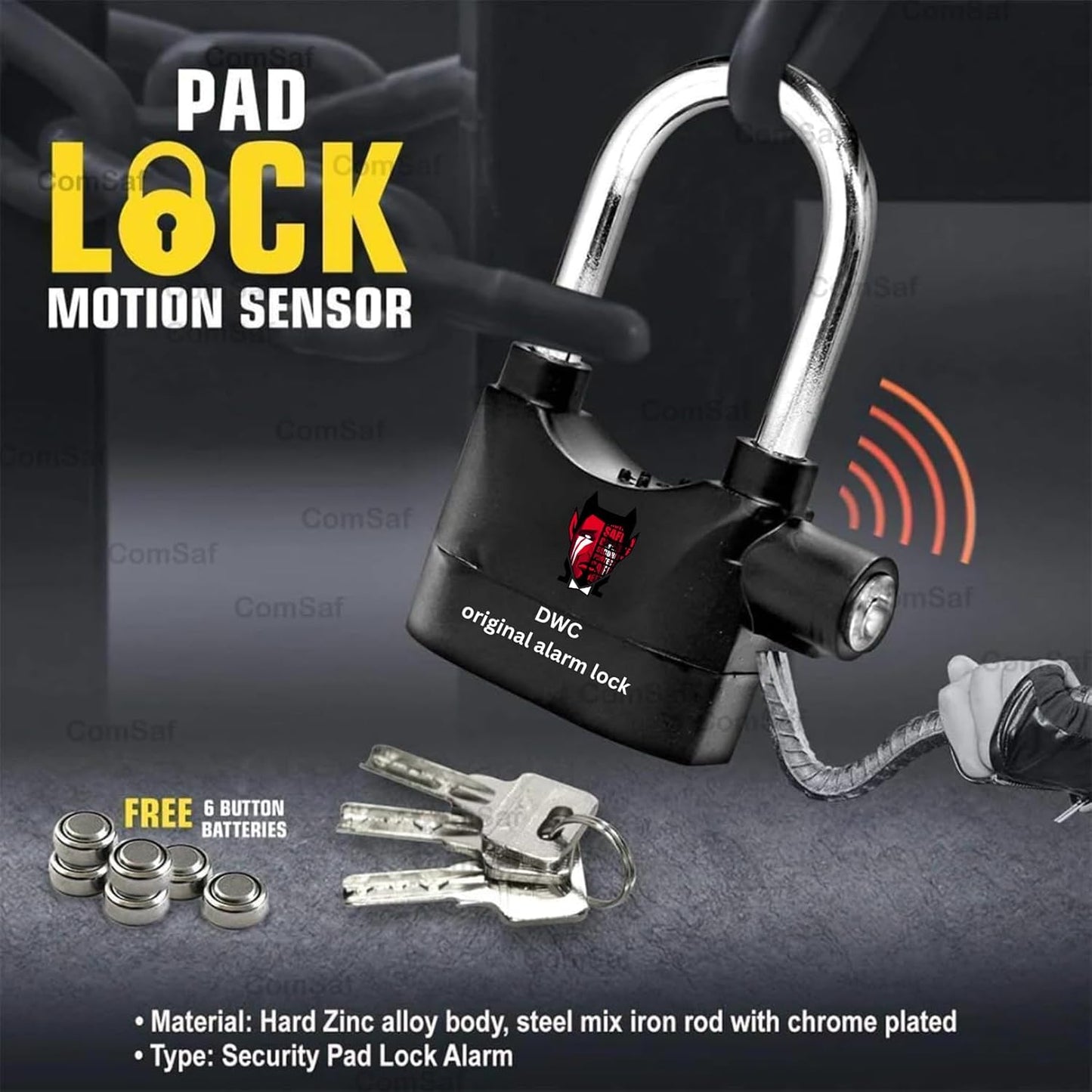 Anti-Theft Alarm Padlock, 110dba Motion Sensor, Hard Zinc Alloy Body, Chrome Plated Steel Lock with Keys