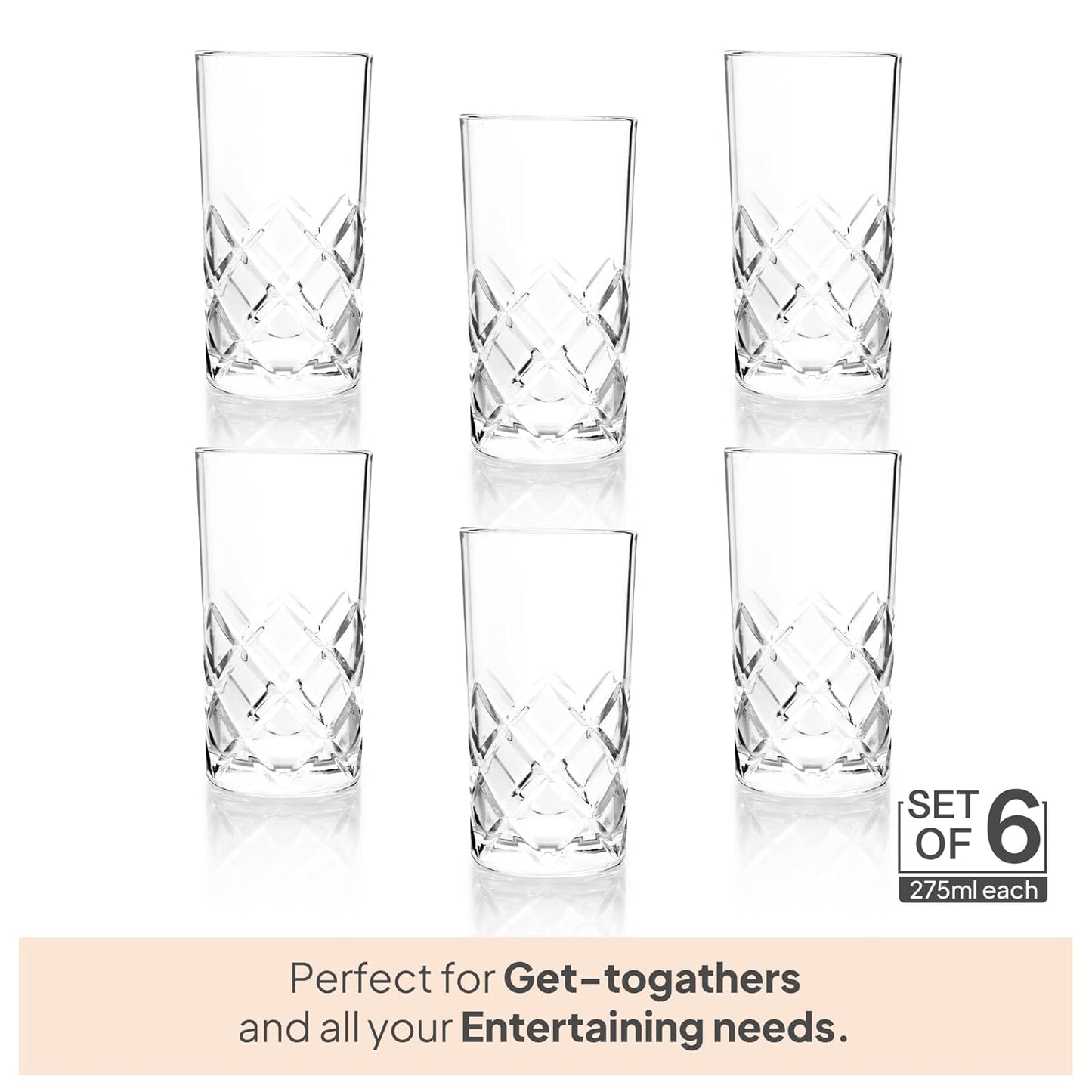 CELLO Old Fashioned Hi-Ball Tumbler Glass Set of 6, 275ml
