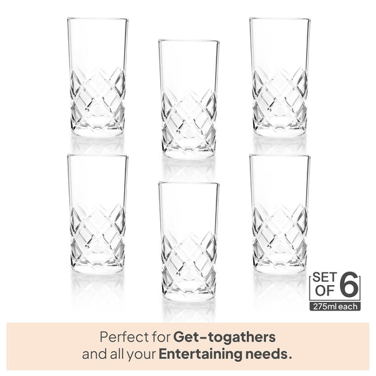 CELLO Old Fashioned Hi-Ball Tumbler Glass Set of 6, 275ml