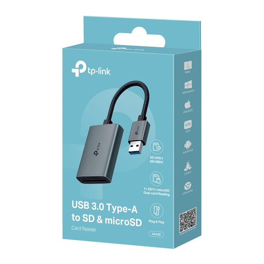 TP-Link UA430 USB 3.0 Type-A to SD & microSD 3.0 Card Reader Up to 5 Gbps, Plug and Play, Dual Card Reading/Writing Simultaneously, Flexible 150mm Braided Cable