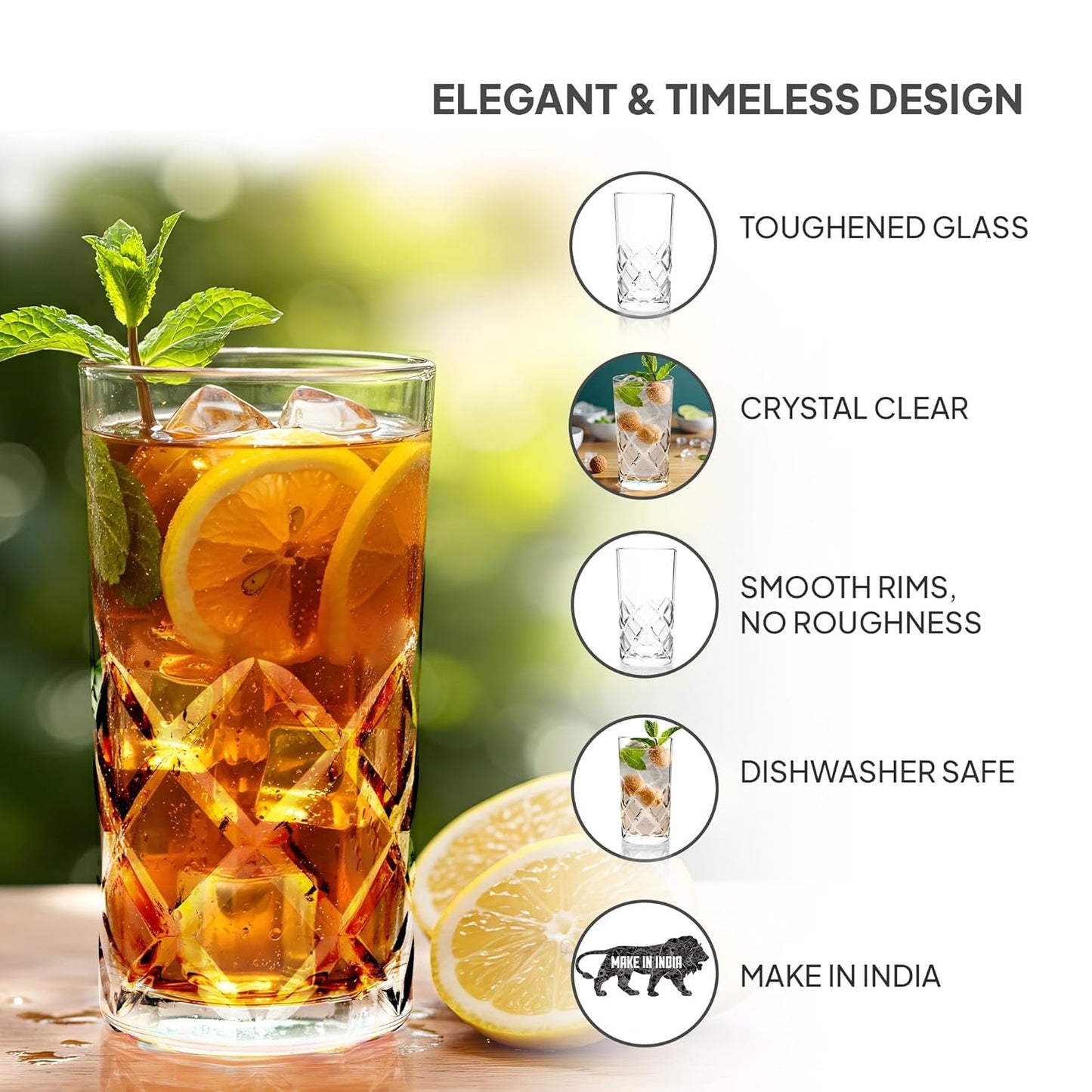 CELLO Old Fashioned Hi-Ball Tumbler Glass Set of 6, 275ml
