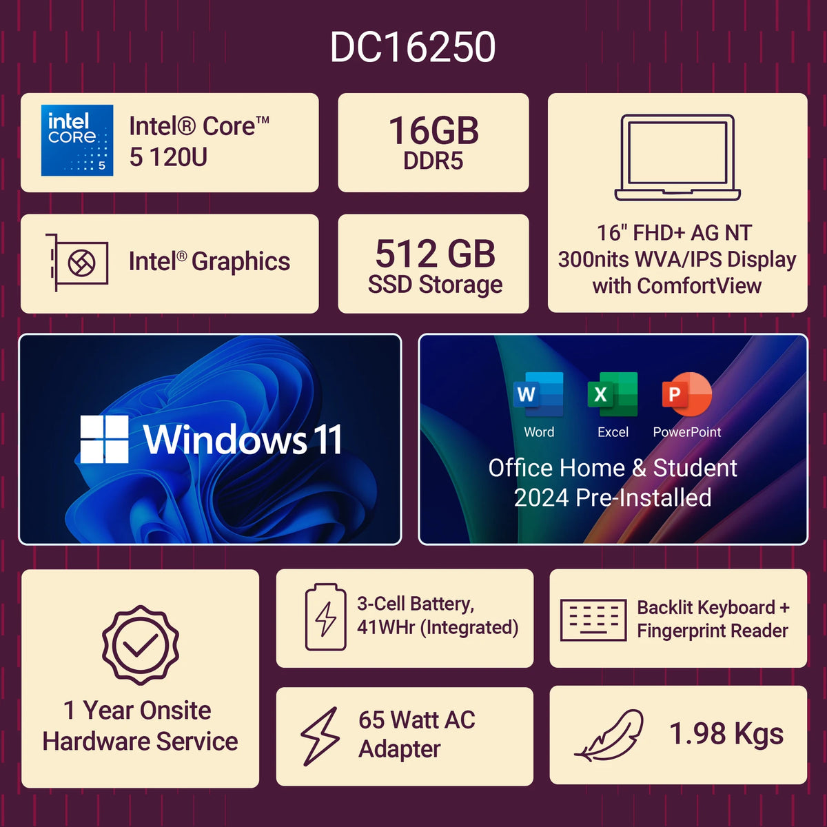 DELL 16 (i5 14th Gen) Intel Core 5 120U - (16 GB/512 GB SSD/Windows 11 Home) (16 inch, Platinum Silver, 1.98 kg, With MS Office)