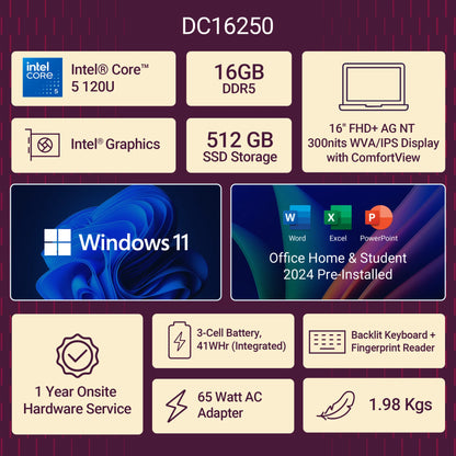 DELL 16 (i5 14th Gen) Intel Core 5 120U - (16 GB/512 GB SSD/Windows 11 Home) (16 inch, Platinum Silver, 1.98 kg, With MS Office)