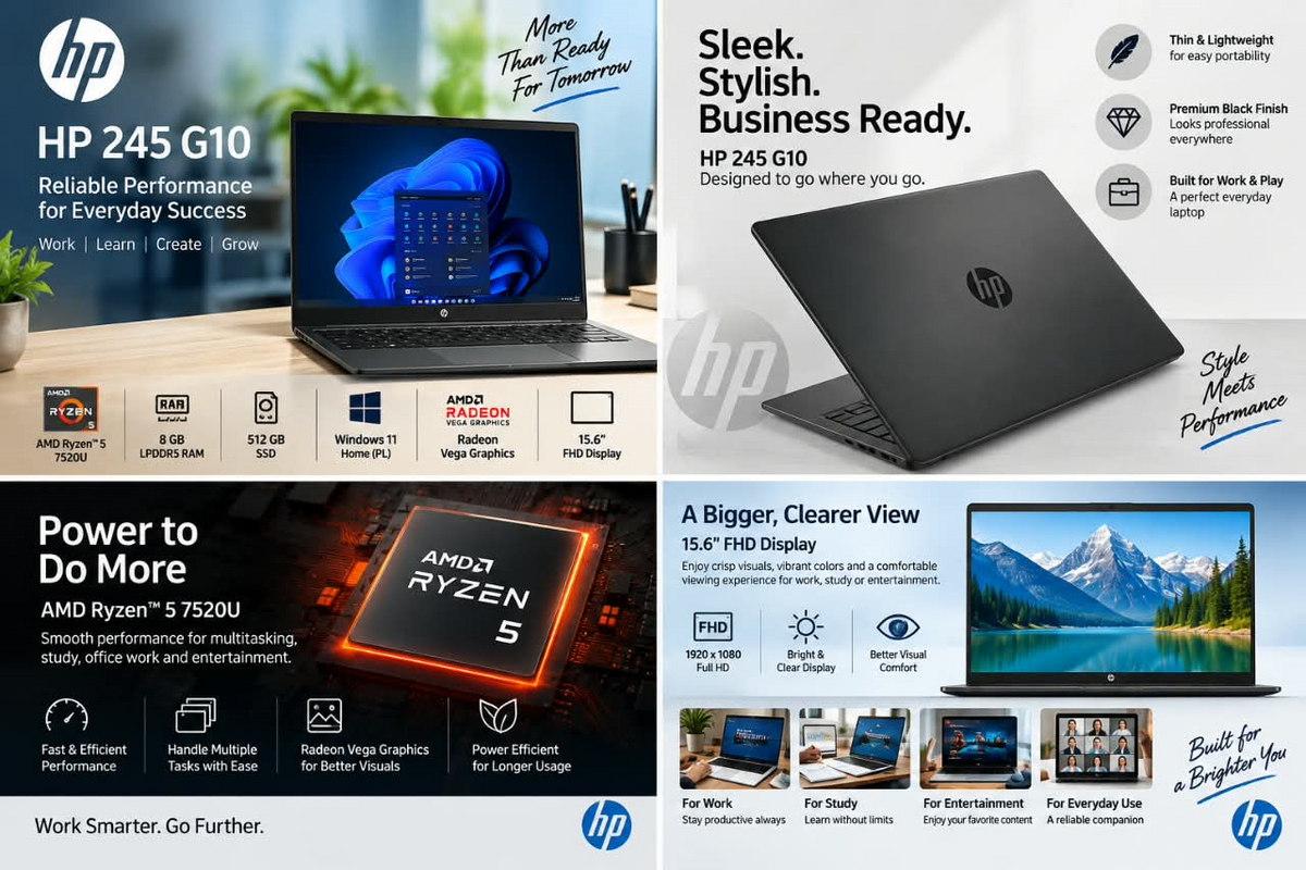 HP 245 G10 (2025) AMD Ryzen 5 Quad Core 7520U - (8 GB/512 GB SSD/Windows 11 Pro) 245 G10 Thin and Light Laptop (15.6 Inch, Black, 1.4 kg, With MS Office)