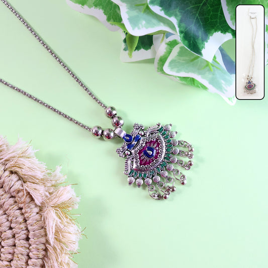 Elegant Traditional Oxidised Temple Motif Long Necklace (1 Pc)