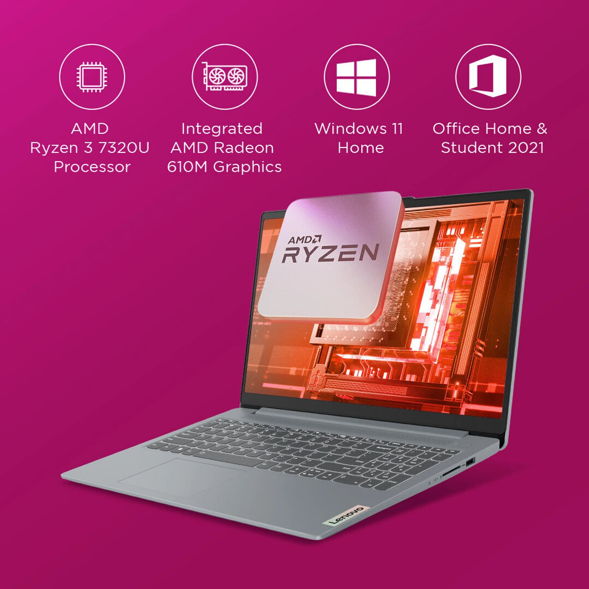 Lenovo IdeaPad Slim 3 AMD Ryzen 3 Quad Core 7320U - (8 GB/512 GB SSD/Windows 11 Home) 15AMN8 Thin and Light Laptop (15.6 Inch, Arctic Grey, 1.62 kg, With MS Office)