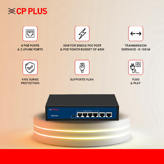 CP Plus 6 Ports Fast Ethernet with 4 PoE Ports POE Switch