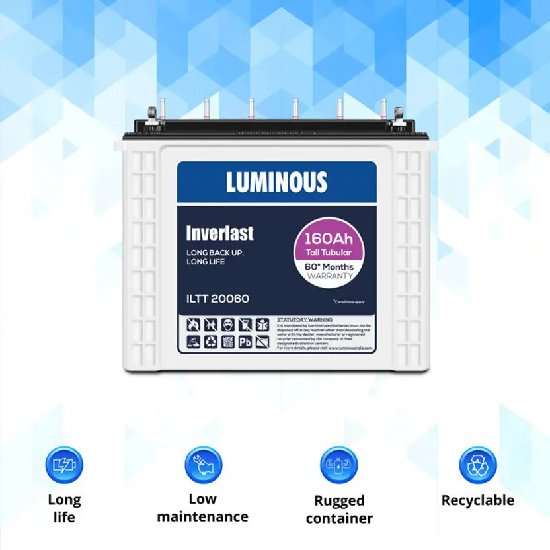 LUMINOUS Tubular Inverter Battery 160 Ah, Zelio Smart 1100 Sine Wave Digital Inverter