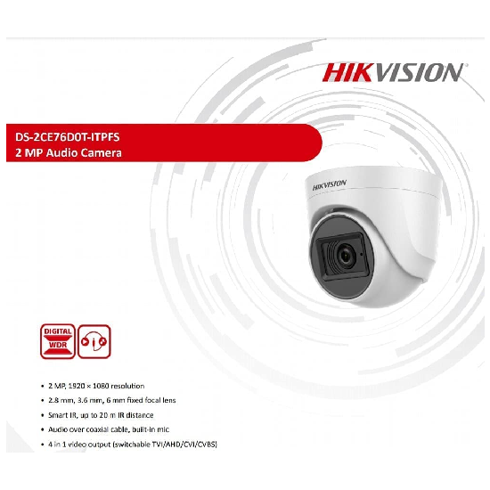 HIKVISION 2MP Dome with inbuilt Mic DS-2CE76D0T-ITPFS 1080p