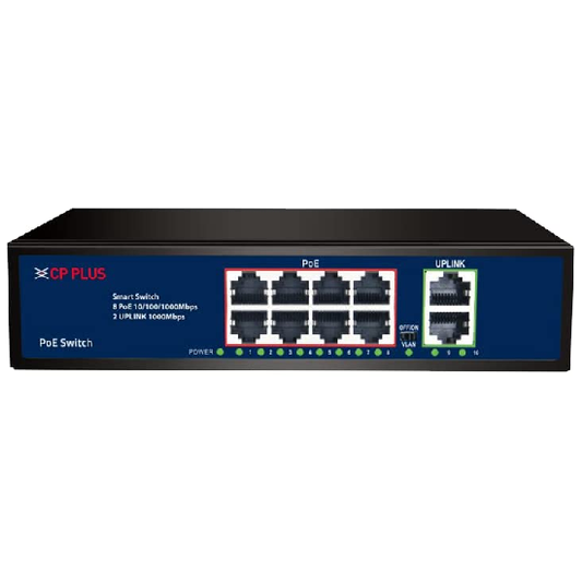 CP Plus 10 Ports Switch with 8 Gigabit PoE Ports (1000 Mbps)