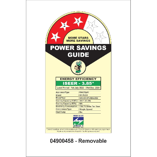 Hitachi 1 Ton 3 Star Split AC 3200FL, R32-RAS.B312PCAIBA, White