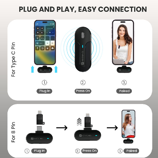 Portronics Vlogmate 2 Dual Wireless Microphone with Type C & 8 Pin Receiver