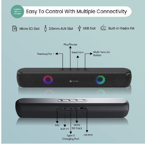 Portronics Decibel 21 10W Wireless Bluetooth Soundbar with LED Lights