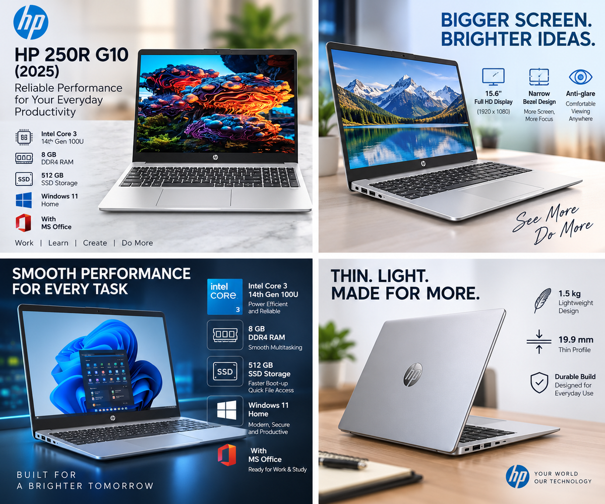 HP 250R G10 (2025) (i3 14th Gen) Intel Core 3 14th Gen 100U - (8 GB/512 GB SSD/Windows 11 Home) 250R G10 Thin and Light Laptop (15.6 Inch, Turbo Silver, 1.5 kg, With MS Office)
