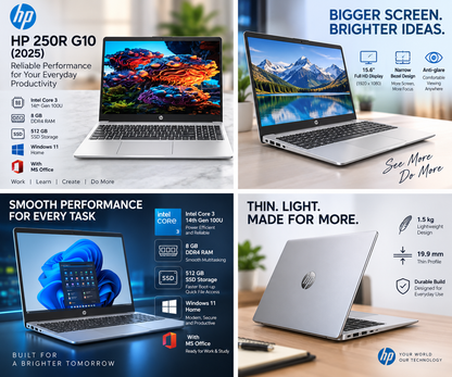 HP 250R G10 (2025) (i3 14th Gen) Intel Core 3 14th Gen 100U - (8 GB/512 GB SSD/Windows 11 Home) 250R G10 Thin and Light Laptop (15.6 Inch, Turbo Silver, 1.5 kg, With MS Office)